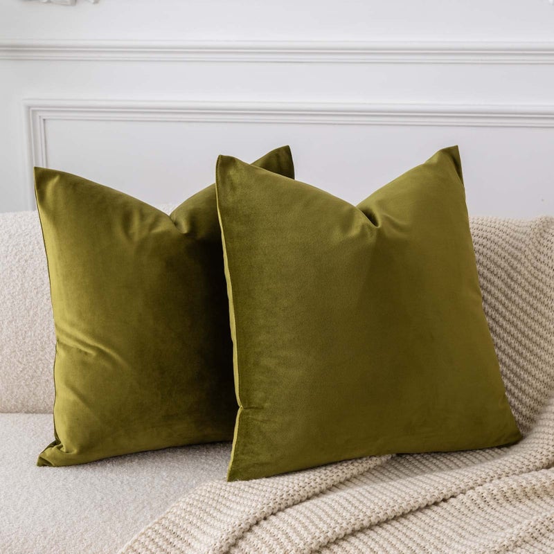 JUSPURBET Throw Pillow Covers Set of 2 Decorative Velvet Pillow Covers for Couch Sofa Bed Soft Cushion Covers Cases with Invisible Zipper for Living Room Home Decor 16x16 inch,Olive Green - Image 1